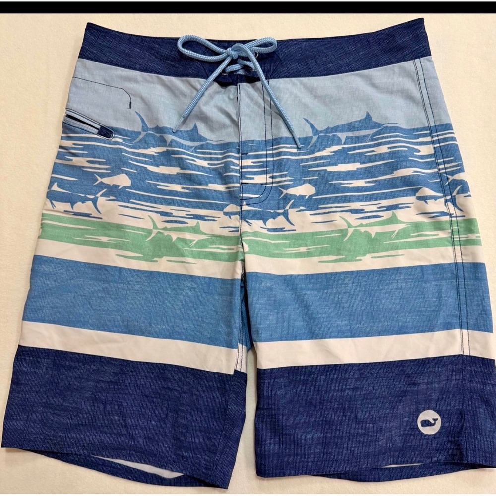 Vineyard Vines Board Shorts Mens 30 Blue Shark Print Striped Swim Trunks